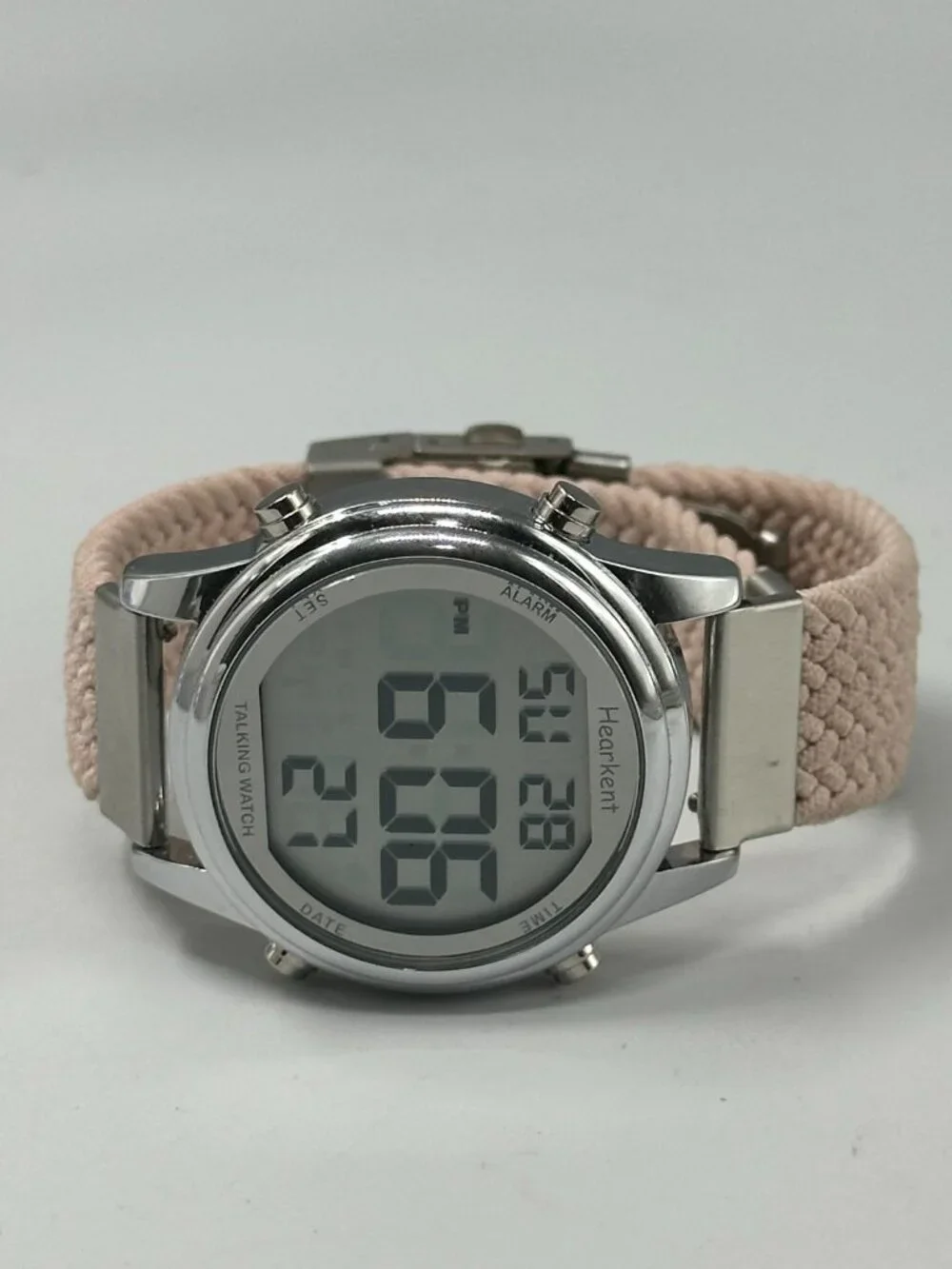 Hearkent Talking Digital Watch Women Silver Tone Pink Band New Battery